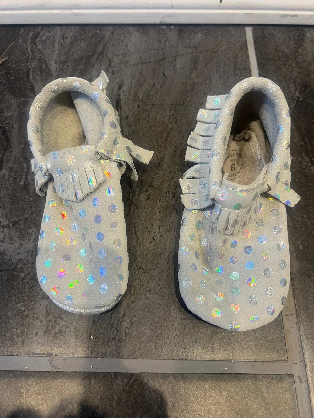 Freshly Picked Silver Holographic Dot Fringe Moccasins